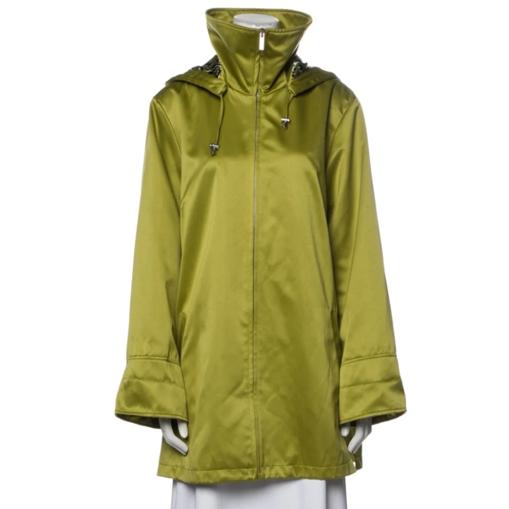 Dennis Basso Green Coat With Hood NWT SIZE Large sateen